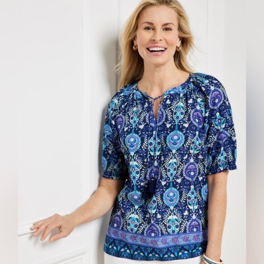 NWOT Talbots Blue Pleated Puff Sleeve Blouse Floret Medallion Lightweight Top S